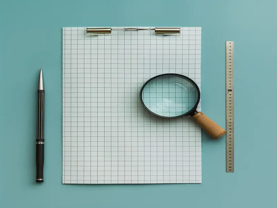 Loupe posée sur une feuille quadrillée.