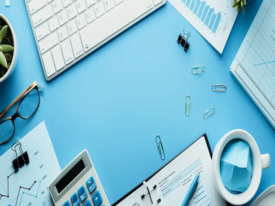 Bureau de travail avec documents, calculatrice et graphiques.